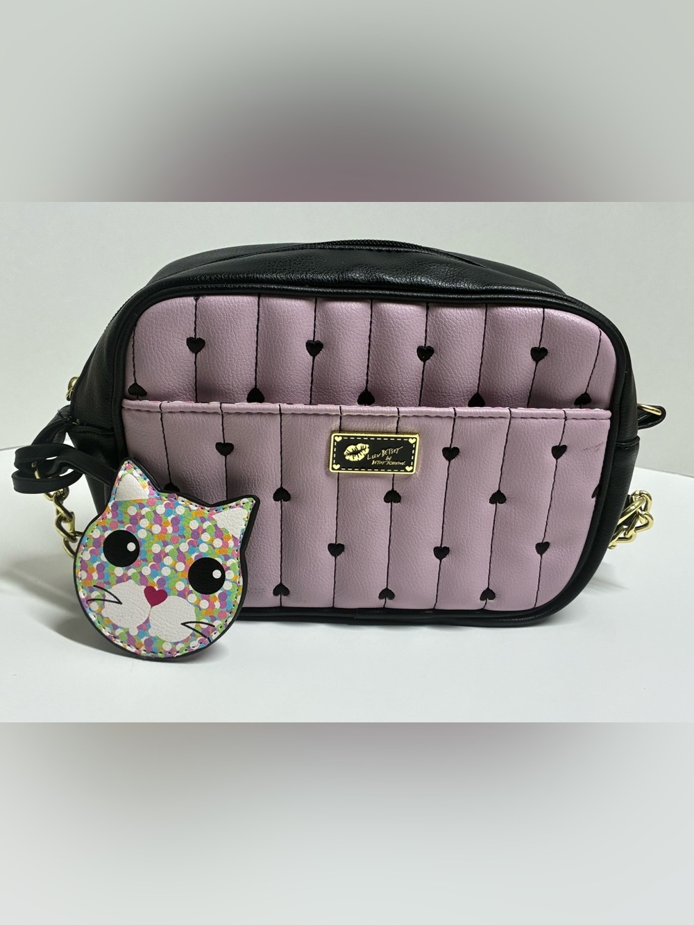 Betsey Pink and Black Quilted-Heart Shoulder Purse with Kitty Charm